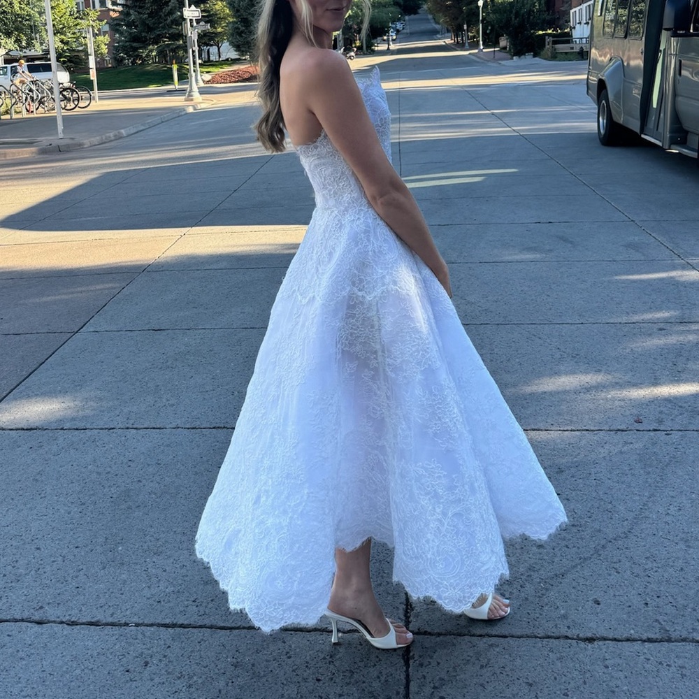 Bespoke White Lace Midi Dress with Scalloped Hem - Picture 7 of 7